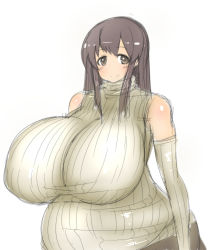 Rule 34 | 1girl, bare shoulders, breasts, fat, gigantic breasts, happy, highres, long hair, smile, solo, sweater, tensai427