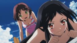 Rule 34 | 10s, 2girls, accel world, animated, animated gif, bikini, black hair, blush, breasts, brown hair, kuroyukihime, long hair, multiple girls, open mouth, red eyes, scared, small breasts, surprised, swimsuit