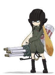 Rule 34 | 10s, 1girl, black footwear, blonde hair, blue eyes, boots, closed mouth, commentary, emblem, full body, fusion, girls und panzer, green jumpsuit, hasisisissy, helmet, highres, holding, holding weapon, hydra splatling (splatoon), inkling, inkling girl, inkling player character, jumpsuit, katyusha (girls und panzer), knee boots, long hair, long sleeves, nintendo, pravda military uniform, short jumpsuit, simple background, solo, splatoon (series), standing, tank helmet, tentacle hair, weapon, white background