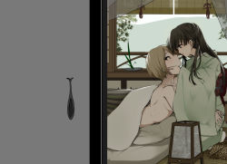 Rule 34 | 2girls, 80mph, black hair, braid, breasts, closed mouth, collarbone, curtains, flower, from side, futon, ginkgo tree, green kimono, grey eyes, hands on another&#039;s face, hands on ass, highres, idolmaster, idolmaster cinderella girls, japanese clothes, kimono, kobayakawa sae, long hair, looking at another, lying, medium breasts, multiple girls, obi, on stomach, open door, open mouth, pillow, plant, plate, sash, shiomi syuko, short hair, silver hair, single braid, sliding doors, smile, socks, squatting, tatami, topless, under covers, white flower, white legwear, wide sleeves, yuri