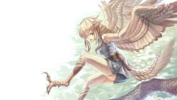 Rule 34 | 1girl, blonde hair, blue eyes, feathered wings, female focus, flying, harpy, highres, knife, monster girl, morisaki jiro, open mouth, original, pointy ears, sheath, shorts, solo, winged arms, wings