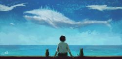 Rule 34 | 1boy, absurdres, black hair, blue sky, cat, commentary request, from behind, highres, horizon, male focus, nicporim, ocean, original, scenery, shirt, short hair, short sleeves, sitting, sky, solo, surreal, whale, white shirt