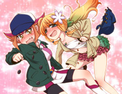 Rule 34 | 2girls, bike shorts, blonde hair, blue eyes, blush, boots, breasts, buttons, clenched hand, coat, collarbone, duel monster, embarrassed, fang, female focus, flower, frilled skirt, frills, hair bobbles, hair flower, hair ornament, hat, kazuura the fascinating fiend, kouzuki anna, legs, long hair, long sleeves, looking at another, looking at viewer, midriff, multicolored hair, multiple girls, open clothes, open mouth, open shirt, orange hair, red hair, shirt, shoes, short hair, simple background, skirt, smile, socks, sparkle, yellow eyes, yu-gi-oh!, yuu-gi-ou, yuu-gi-ou zexal