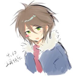 Rule 34 | 1boy, blue jacket, blush stickers, brown hair, chinese commentary, chinese text, commentary request, dated, fur-trimmed jacket, fur trim, green eyes, hair between eyes, highres, isoi reiji, jacket, male focus, miraiiiii, open clothes, open jacket, open mouth, red shirt, saibou shinkyoku, shirt, short hair, simple background, single blush sticker, sketch, smile, solo, translated, white background
