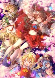 Rule 34 | 6+girls, :d, ahoge, arm garter, arms up, ascot, bare shoulders, bat wings, blush, bow, braid, breasts, cherry blossoms, crystal, detached sleeves, flandre scarlet, frilled shirt collar, frills, frog hair ornament, hair between eyes, hair bow, hair ornament, hair tubes, hakurei reimu, hat, hat bow, hat ribbon, japanese clothes, jpeg artifacts, juliet sleeves, kirisame marisa, kochiya sanae, long sleeves, looking at viewer, medium breasts, miko, mob cap, multiple girls, navel, open mouth, puffy short sleeves, puffy sleeves, red bow, red ribbon, remilia scarlet, ribbon, riichu, short sleeves, siblings, side braid, sidelocks, sisters, skirt, skirt set, smile, stomach, touhou, white bow, wide sleeves, wings, witch hat, wrist cuffs, yakumo yukari