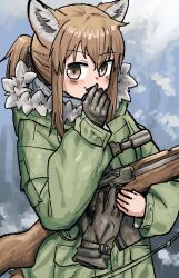 Rule 34 | 1girl, absurdres, animal ears, blush, brown eyes, brown hair, fox ears, fox girl, fox girl (yihan1949), gloves, gun, highres, holding, holding weapon, looking at viewer, military uniform, original, ponytail, rifle, scope, sniper rifle, solo, standing, uniform, unworn gloves, weapon, winter clothes, yihan1949