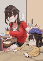 Rule 34 | 2girls, age difference, bed, big sister (navigavi), blanket, bowl, breasts, brown eyes, brown hair, chair, child, cleavage, commentary request, desk, door, eraser, frown, highres, holding, holding bowl, ice pack, indoors, jun (navigavi), large breasts, little sister (navigavi), lying, marker, multiple girls, notepad, original, pen, pillow, porridge, red shirt, rice porridge, runny nose, shirt, shorts, siblings, sick, sisters, sleeves past wrists, snot, sparkling eyes, spoon, sweater, t-shirt, tearing up, under covers