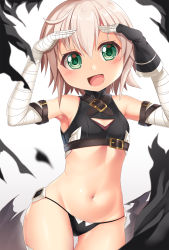 Rule 34 | 1girl, arm belt, bandaged arm, bandages, black gloves, black panties, blonde hair, breasts, cosplay, fate/apocrypha, fate/grand order, fate (series), gloves, green eyes, highres, jack the ripper (fate/apocrypha), jack the ripper (fate/apocrypha) (cosplay), kantai collection, lowleg, lowleg panties, navel, panties, shading eyes, shimushu (kancolle), shimushu pose, single glove, small breasts, solo, thighhighs, underwear, yasume yukito
