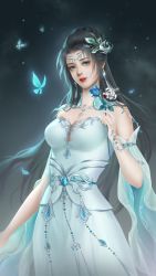 Rule 34 | 1girl, absurdres, artist request, black background, black hair, blue flower, blue rose, breasts, bug, butterfly, detached collar, detached sleeves, doupo cangqiong, dress, earrings, flower, glint, hair ornament, highres, holding, holding flower, insect, jewelry, long hair, medium breasts, parted lips, rose, second-party source, solo, upper body, white dress, yun yun (doupo cangqiong)