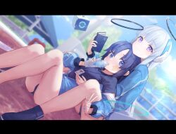 Rule 34 | 2girls, blue archive, blurry, blurry background, blurry foreground, blush, book, bottle, breasts, collared shirt, day, depth of field, drinking, drone, gym uniform, halo, headphones, highres, holding, holding bottle, id card, jacket, jacket partially removed, knees up, kyaroru, letterboxed, long hair, long sleeves, looking at viewer, medium breasts, multicolored clothes, multicolored jacket, multiple girls, noa (blue archive), off shoulder, open clothes, open jacket, outdoors, parted bangs, purple eyes, purple hair, reading, shirt, sidelocks, sitting, small breasts, smile, star sticker, sticker on face, track jacket, two-sided fabric, two-sided jacket, two-tone jacket, two side up, v, very long hair, viewfinder, water bottle, white hair, white shirt, yuri, yuuka (blue archive), yuuka (track) (blue archive)