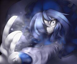 Rule 34 | 1girl, \||/, absurdres, blue eyes, blue hair, blue hood, closed mouth, colored skin, commentary request, constricted pupils, cookie (touhou), cowboy shot, dress, flour (cookie), grey dress, hair between eyes, hair over one eye, highres, hood, hood up, kumoi ichirin, long bangs, long hair, looking at viewer, smile, solo, tochinoko, touhou, white skin