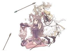 Rule 34 | 2girls, :o, apron, armor, arrow (projectile), bare shoulders, belt, blonde hair, blue eyes, blush, boots, breastplate, breasts, brown eyes, brown hair, brushing, brushing hair, bug, butterfly, buttons, cleavage, corset, detached sleeves, dress, feathers, fire emblem, fire emblem awakening, flinch, garter straps, gauntlets, gloves, hair brush, hair ornament, highres, holding, holding own hair, insect, kozaki yuusuke, leaning, leaning forward, lissa (fire emblem), long hair, long sleeves, medium breasts, multiple girls, nintendo, no shoes, open mouth, parted bangs, pauldrons, pink legwear, planted, planted arrow, puffy sleeves, purple gloves, shoes, short dress, short hair, short twintails, shoulder armor, simple background, single boot, single shoe, sitting, sleeveless, striped, sumia (fire emblem), sweatdrop, tank top, thigh boots, thighhighs, tiara, tiptoes, twintails, unworn boot, unworn boots, unworn shoes, wariza, wavy hair, white background, wide sleeves, worried, zettai ryouiki