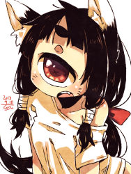 Rule 34 | + +, 1girl, animal ears, arched back, black hair, blunt bangs, bow, cyclops, dated, fang, fox ears, hair bow, hair tubes, long hair, muroku (aimichiyo0526), off shoulder, one-eyed, open mouth, original, red eyes, short sleeves, signature, simple background, sketch, solo, twintails, upper body, white background
