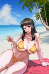 Rule 34 | 1girl, absurdres, bare shoulders, beach, bikini, blue eyes, blue sky, bow, breasts, brown hair, cleavage, cloud, covered erect nipples, hair bow, hero (do-belman), highres, huge breasts, long hair, navel, nipples, ocean, original, palm tree, red towel, sand, sky, solo, summer, swimsuit, thick thighs, thighs, tongue, tongue out, towel, tree, untied bikini, yellow bikini