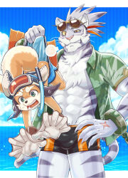 Rule 34 | 2boys, abs, animal ears, bara, bare pectorals, black male swimwear, body fur, bulge, character name, colored sclera, cowboy shot, draw two, furry, furry male, grey fur, hawaiian shirt, lifting person, male focus, male swimwear, multiple boys, muscular, muscular male, navel, nimbus (world flipper), official alternate costume, pectorals, shirt, smile, snout, standing, stomach, striped fur, swim briefs, tail, thick eyebrows, tiger boy, tiger ears, tiger tail, white fur, world flipper, yellow sclera