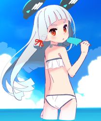 Rule 34 | &gt;:o, 1girl, bad id, bad twitter id, bikini, blue hair, blue sky, blunt bangs, blush, cloud, cloudy sky, commentary, day, food, from behind, hair ribbon, kantai collection, long hair, looking at viewer, looking back, murakumo (kancolle), popsicle, red eyes, ribbon, sky, solo, swimsuit, tress ribbon, v-shaped eyebrows, white bikini, yoru nai