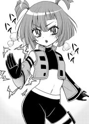 Rule 34 | 1girl, commentary request, contrapposto, crop top, cropped vest, detached sleeves, gloves, greyscale, honoo no toukyuujo: dodge danko, kimura pikoriino, long hair, midriff, monochrome, multicolored hair, navel, open mouth, otohana hanii, shorts, solo, sweat, two-tone hair, very long hair, vest, wide sleeves