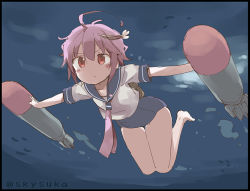 Rule 34 | &gt;:&lt;, 10s, 1girl, :&lt;, ahoge, bare legs, closed mouth, hair ornament, i-58 (kancolle), kantai collection, necktie, pink hair, red eyes, school swimsuit, school uniform, serafuku, short hair, solo, suka, swimsuit, swimsuit under clothes, torpedo, twitter username, type 95 torpedo, underwater, v-shaped eyebrows