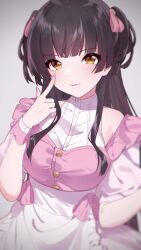 Rule 34 | 1girl, akanbe, apron, bare shoulders, black hair, blunt bangs, blurry, blush, bow, breasts, brown eyes, depth of field, dot nose, dress, dress bow, eyelid pull, frilled apron, frills, grey background, hair bow, hair ribbon, hand up, highres, idolmaster, idolmaster shiny colors, index finger raised, long hair, looking at viewer, mayuzumi fuyuko, medium breasts, norada, parted lips, pink bow, pink dress, pink ribbon, pink wristband, ribbon, short sleeves, smile, solo, tongue, tongue out, two side up, upper body, waist apron, white apron