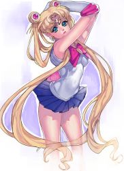 Rule 34 | 1990s (style), 1girl, armpits, arms up, arutera, bad id, bad pixiv id, bishoujo senshi sailor moon, blonde hair, blue dress, blue eyes, blue skirt, bow, brooch, double bun, dress, elbow gloves, gloves, highres, jewelry, long hair, magical girl, pleated skirt, red bow, ribbon, sailor moon, skirt, solo, tiara, tsukino usagi, twintails, very long hair, white background, white gloves