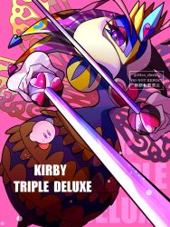 colored_skin copyright_name dual_wielding gloves heart highres holding holding_sword holding_weapon insect_wings kirby kirby:_triple_deluxe kirby_(series) nintendo pink_background pink_skin purple_eyes queen_sectonia rayman_limbs sword wandot_(ilicololo) weapon white_gloves wings