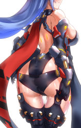 Rule 34 | 1girl, android, ass, ass focus, back, black gloves, black leotard, black panties, black thighhighs, breasts, closed mouth, from behind, gloves, highleg, highleg leotard, highres, large breasts, leotard, long hair, panties, poppi (xenoblade), poppi qtpi (xenoblade), purple hair, red scarf, scarf, sideboob, siebolds demon, solo, sweat, thighhighs, underwear, xenoblade chronicles (series), xenoblade chronicles 2