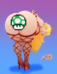 Rule 34 | 1girl, :o, artist logo, artist name, ass, ass focus, bare shoulders, bent over, blonde hair, blue background, blue eyes, breasts, crown, earrings, eyelashes, from behind, full body, gradient background, high heels, highres, jewelry, legs, lips, long hair, looking at viewer, looking back, madam stiletto, mario (series), medium breasts, nintendo, nose, nostrils, open mouth, patreon logo, pink lips, princess peach, purple background, red footwear, red thighhighs, revealing clothes, shadow, shibari, sideboob, solid eyes, solo, standing, stiletto heels, super mario bros. 1, surprised, thighhighs, thighs, underboob