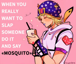 Rule 34 | 1boy, artist name, blonde hair, blue hat, blue lips, blue nails, bug, closed eyes, commentary, english commentary, english text, fly, hat, heart, highres, holding, holding notepad, holding pen, horseshoe, huyandere, insect, johnny joestar, jojo no kimyou na bouken, male focus, notepad, pen, profile, signature, solo, star (symbol), star print, steel ball run, upper body, wristband, writing