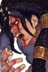 Rule 34 | 1boy, black hair, capcom, from side, hungry clicker, long hair, male focus, manly, necalli, simple background, solo, street fighter, street fighter v, white background, yellow eyes