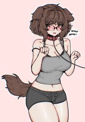 Rule 34 | 1girl, ahoge, aki (snale), animal ears, averting eyes, barking, black nails, blush, bra, bra peek, breasts, brown eyes, brown hair, camisole, cleavage, collar, contrapposto, cowboy shot, dog ears, dog girl, dog tail, embarrassed, english text, glasses, grey camisole, highres, large breasts, leash, messy hair, midriff, navel, original, paw pose, pet play, pink background, short hair, short shorts, shorts, simple background, snale, speech bubble, tail, thick thighs, thighs, underwear