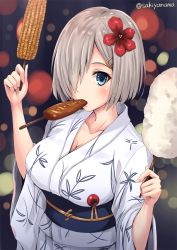 Rule 34 | 10s, 1girl, blue eyes, breasts, commentary request, corn, corn cob, cotton candy, eating, flower, food, grilled corn, hair flower, hair ornament, hair over one eye, hairclip, hamakaze (kancolle), ikayaki, japanese clothes, kantai collection, kimono, large breasts, looking at viewer, mouth hold, sakiyamama, silver hair, solo, squid, twitter username, yukata