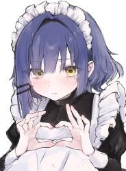 Rule 34 | 1girl, apron, black dress, blue hair, blush, bocchi the rock!, dress, expressionless, heart, heart hands, highres, iq033, looking at viewer, maid, maid apron, maid headdress, mole, mole under eye, short hair, simple background, solo, upper body, white apron, white background, yamada ryo, yellow eyes