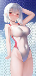 Rule 34 | 1girl, blue sky, breasts, chain-link fence, cloud, competition swimsuit, covered navel, cowboy shot, fence, highleg, highleg swimsuit, highres, large breasts, one-piece swimsuit, original, red eyes, short hair, sky, solo, swimsuit, tatsumiya kagari, towel, two-tone swimsuit, white hair, white one-piece swimsuit