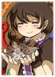 Rule 34 | 1girl, asymmetrical wings, bird, black hair, border, closed eyes, fading border, female focus, houjuu nue, name connection, open hands, oso (toolate), short hair, smile, solo, touhou, white&#039;s thrush, wings