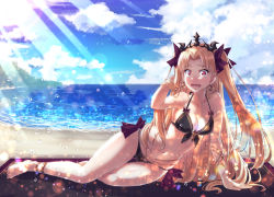 Rule 34 | 1girl, anklet, arm support, barefoot, beach, bikini, black bikini, blonde hair, blue sky, bow, breasts, calzooone, cleavage, cloud, collarbone, day, diadem, earrings, embarrassed, ereshkigal (fate), fate/grand order, fate (series), hair bow, hand in own hair, highres, jewelry, lens flare, long hair, medium breasts, navel, ocean, open mouth, outdoors, red bow, red eyes, sideboob, sitting, sky, solo, sparkle, sunlight, swimsuit, thigh gap, twintails, two side up, very long hair, wavy mouth