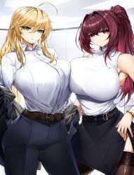 Rule 34 | 2girls, ahoge, alternate hairstyle, artoria pendragon (fate), artoria pendragon (lancer) (fate), belt, blue eyes, breasts, casul, collared shirt, fate/grand order, fate (series), formal, hair between eyes, hair down, high-waist skirt, highres, large breasts, long hair, looking at viewer, multiple girls, office, office lady, pants, pencil skirt, ponytail, purple hair, red eyes, scathach (fate), shirt, shirt tucked in, skirt, swept bangs, thighhighs, very long hair