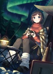 Rule 34 | 1girl, absurdres, aran sweater, aurora, black footwear, black hair, black pantyhose, blue eyes, blush, cable knit, closed mouth, commentary request, cup, enuni, hair ornament, hairclip, highres, holding, holding cup, lantern, loose socks, mug, night, night sky, on chair, original, pantyhose, plaid, red sweater, ribbed sweater, shoes, sitting, sky, smile, snow, socks, socks over pantyhose, solo, star (sky), starry sky, sweater, swept bangs, table, tent, tree, turtleneck, turtleneck sweater, white socks