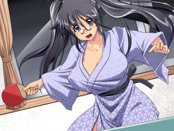 Rule 34 | 1girl, black eyes, blue hair, breasts, cleavage, curvy, female focus, glasses, hinata aki, hip focus, huge breasts, japanese clothes, keroro gunsou, kimono, long hair, mature female, nightmare express, open mouth, racket, solo, playing sports, standing, table tennis, twintails, wide hips, window