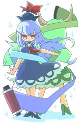 Rule 34 | 2girls, blue hair, bow, dress, dual persona, ex-keine, green hair, hair bow, hat, highres, horn ornament, horn ribbon, horns, kamishirasawa keine, long hair, multiple girls, op na yarou, outstretched arm, red eyes, ribbon, scroll, tail, touhou