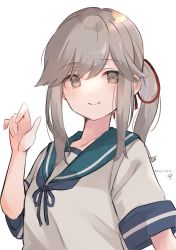 Rule 34 | 1girl, absurdres, blue sailor collar, brown eyes, grey hair, hair ribbon, highres, kantai collection, long hair, one-hour drawing challenge, raymie0124, red ribbon, ribbon, sailor collar, school uniform, serafuku, shirt, sidelocks, simple background, solo, usugumo (kancolle), white background, white shirt