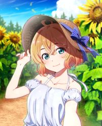 Rule 34 | 1girl, bare shoulders, blonde hair, blue eyes, closed mouth, cloud, cover, flower, hand on headwear, hat, highres, kanojo okarishimasu, light smile, looking at viewer, nanami mami, official art, outdoors, outstretched arm, solo, summer, sun hat, sunflower, upper body