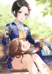 Rule 34 | 2girls, bench, black hair, blazer, blue jacket, blue skirt, blush, book, bow, bowtie, brown hair, cardigan, cellphone, closed eyes, collared shirt, cup, disposable cup, drink, hair ornament, hairpin, highres, holding, holding book, holding cup, holding drink, holding phone, jacket, long hair, long sleeves, lying, multiple girls, niwata0, on back, open clothes, open jacket, open mouth, original, outdoors, phone, red bow, red bowtie, school uniform, shirt, short hair, sitting, skirt, sleeping, sleeping on person, smartphone, thighs, white shirt, winter uniform, yellow cardigan
