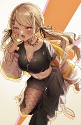 Rule 34 | 1girl, black pants, black ribbon, black shirt, blonde hair, breasts, cleavage, crop top, dark-skinned female, dark skin, earrings, fang, fishnet pantyhose, fishnets, gyaru, hair ornament, hair ribbon, heart, heart-shaped pupils, highres, jacket, jewelry, kaminari qpi, kaminari qpi (2nd costume), long hair, looking at viewer, low twintails, medium breasts, multicolored clothes, multicolored jacket, navel, necklace, off shoulder, open clothes, open jacket, orange eyes, orange nails, pants, pantyhose, pome charo, ribbon, shirt, solo, swept bangs, symbol-shaped pupils, tooth necklace, torn clothes, torn pants, twintails, two-tone jacket, v, v over mouth, very long hair, virtual youtuber, vspo!, white jacket, x hair ornament, yellow jacket, zipper, zipper pull tab