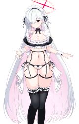 Rule 34 | 1girl, absurdres, alternate costume, black thighhighs, blue archive, blush, braid, breasts, cleavage, closed mouth, colored inner hair, commentary, english commentary, enmaided, eyes visible through hair, grey eyes, grey hair, hair over one eye, halo, highres, long hair, looking at viewer, maid, medium breasts, multicolored hair, navel, pink hair, plana (blue archive), red halo, simple background, single braid, solo, thighhighs, tia (4017342), unconventional maid, white background
