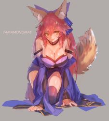 Rule 34 | 10s, 1girl, all fours, animal ears, bare shoulders, blue bow, blue thighhighs, blush, bow, breasts, cleavage, closed mouth, detached sleeves, fate/extra, fate/extra ccc, fate (series), fox ears, fox tail, full body, ha2ru, hair between eyes, hair bow, japanese clothes, large breasts, long hair, long sleeves, looking at viewer, pink hair, smile, solo, tail, tamamo (fate), tamamo no mae (fate/extra), thighhighs, wide sleeves, yellow eyes