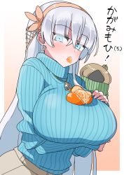 Rule 34 | 1girl, absurdres, akitokage, alternate breast size, alternate costume, anastasia (fate), bad id, bad pixiv id, blue eyes, blue sweater, blush, breast hold, breasts, brown skirt, commentary request, doll, earrings, fate/grand order, fate (series), food, food in mouth, fruit, gradient background, hairband, highres, huge breasts, jewelry, long hair, long sleeves, looking at viewer, mandarin orange, oppai mochi, ribbed sweater, skirt, solo, sweater, sweater tucked in, translation request, turtleneck, white hair