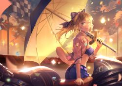 Rule 34 | 1girl, akira aishi, artoria pendragon (all), artoria pendragon (fate), blonde hair, blue bow, blue eyes, blue ribbon, blue shorts, bow, breasts, checkered flag, cloud, cloudy sky, elbow sleeve, emblem, fate/grand order, fate (series), flag, floating hair, hair ribbon, holding, holding sword, holding umbrella, holding weapon, leaning on object, long hair, looking at viewer, medium breasts, midriff, motor vehicle, motorcycle, open clothes, open shirt, parted lips, ponytail, race queen, race track, ribbon, saber (fate), saber (type-moon racing) (fate), shirt, shorts, sky, smile, solo, sunlight, sunset, sword, umbrella, weapon