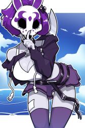 Rule 34 | 1girl, absurdres, animal ears, bandaid on thigh, blue sky, bob cut, colored skin, finger to mouth, grey skin, highres, holding, holding knife, hood, hoodie, knife, mask, midriff, muds, neon violet, neon white, purple hair, purple nails, purple thighhighs, rabbit ears, rabbit mask, short hair, skirt, sky, thighhighs, variant set