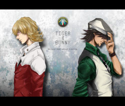 Rule 34 | 10s, 2boys, back-to-back, barnaby brooks jr., blonde hair, brown hair, cabbie hat, facial hair, glasses, gradient background, green eyes, green shirt, hair over eyes, hat, jacket, jewelry, kaburagi t. kotetsu, kkkrrrooo, letterboxed, male focus, multiple boys, necktie, red jacket, ring, shirt, short hair, stubble, tiger &amp; bunny, upper body, vest, waistcoat, watch, wristwatch