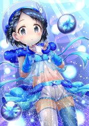 Rule 34 | 1girl, :o, asymmetrical legwear, beret, black hair, blue sleeves, blue thighhighs, braid, commentary request, crop top, detached sleeves, fingernails, frilled shorts, frills, fur trim, grey eyes, hands up, hat, highres, idolmaster, idolmaster cinderella girls, long sleeves, midriff, mismatched legwear, navel, parted lips, rabbit ornament, regular mow, sasaki chie, see-through, short hair, short shorts, shorts, solo, striped, thighhighs, vertical stripes, white hat, white shorts, white thighhighs